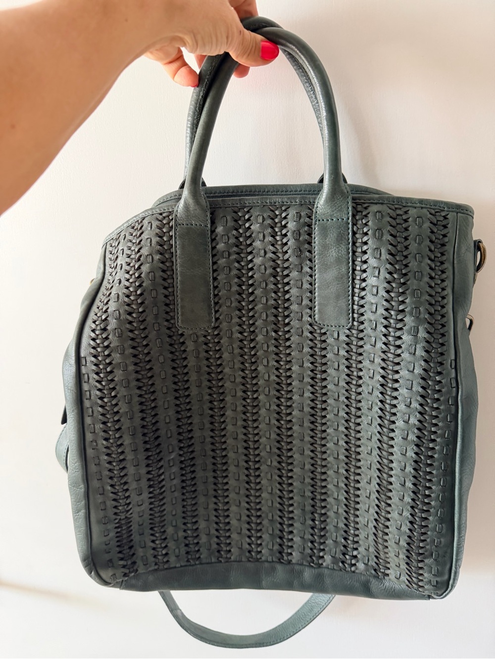Woven-Panel Leather Tote in Dark Green
